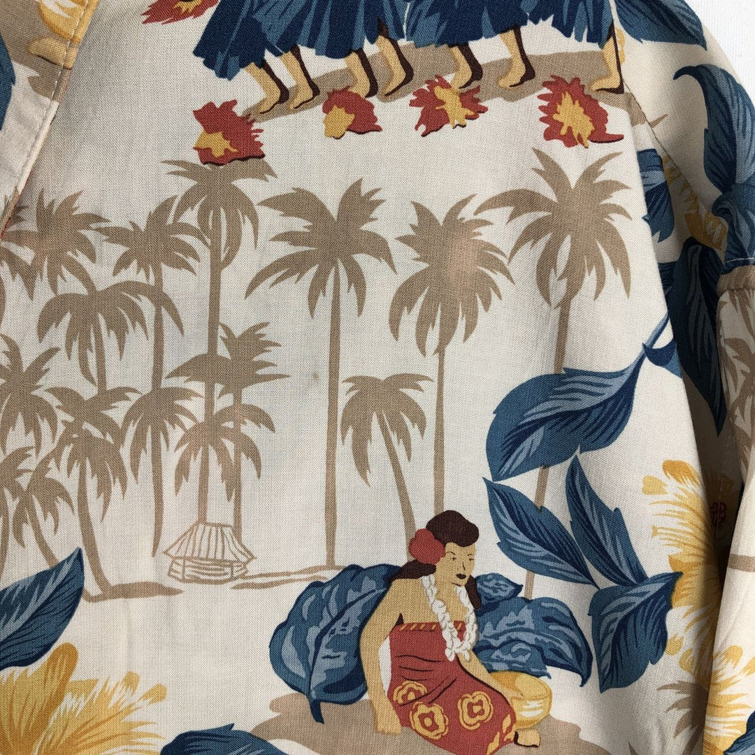 80s-90'S Reyn Spooner Diamond Head tag all-over print hibiscus pattern palm tree aloha shirt, men's size XL equivalent. Rayon Beige type Vintage Second Hand