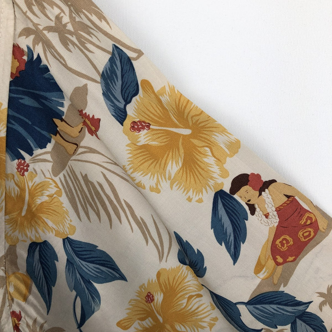 80s-90'S Reyn Spooner Diamond Head tag all-over print hibiscus pattern palm tree aloha shirt, men's size XL equivalent. Rayon Beige type Vintage Second Hand