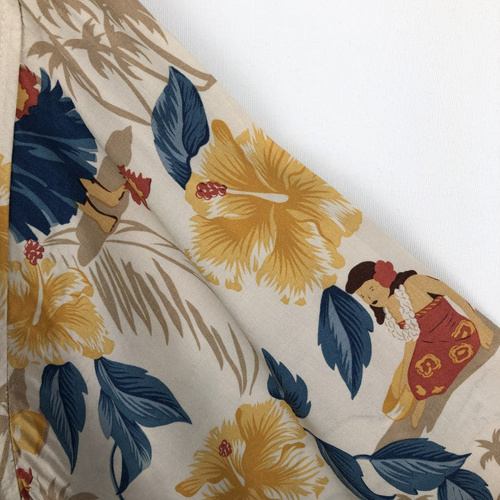 80s-90'S Reyn Spooner Diamond Head tag all-over print hibiscus pattern palm tree aloha shirt, men's size XL equivalent. Rayon Beige type Vintage Second Hand