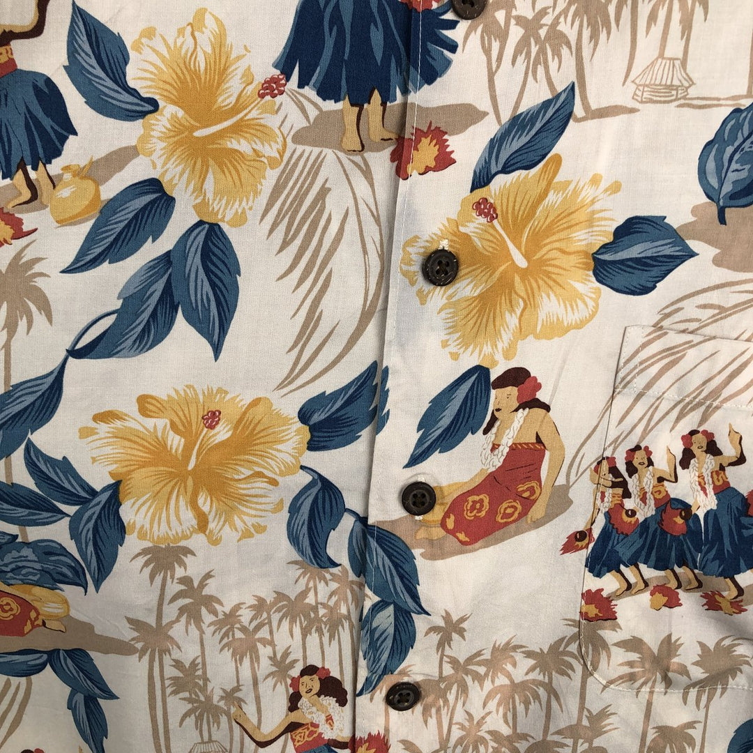 80s-90'S Reyn Spooner Diamond Head tag all-over print hibiscus pattern palm tree aloha shirt, men's size XL equivalent. Rayon Beige type Vintage Second Hand