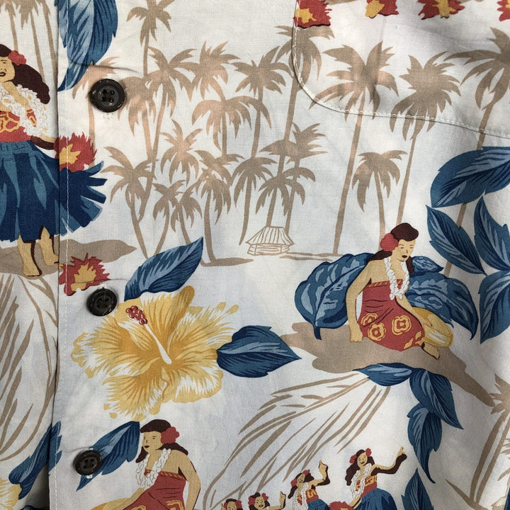 80s-90'S Reyn Spooner Diamond Head tag all-over print hibiscus pattern palm tree aloha shirt, men's size XL equivalent. Rayon Beige type Vintage Second Hand