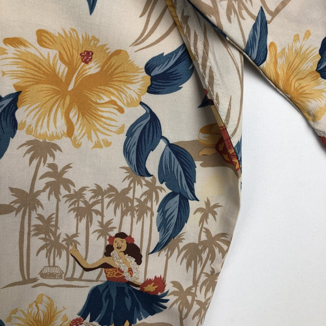 80s-90'S Reyn Spooner Diamond Head tag all-over print hibiscus pattern palm tree aloha shirt, men's size XL equivalent. Rayon Beige type Vintage Second Hand