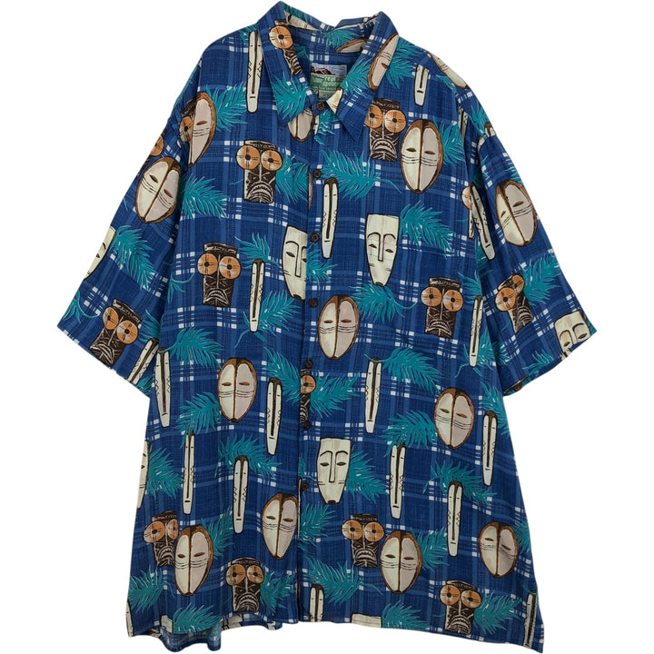 80s-90'S Reyn Spooner Diamond Head tag all-over check pattern rayon Aloha shirt, boxy style. Rayon navy blue type Vintage Second Hand