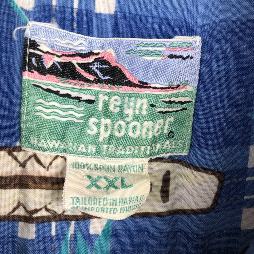 80s-90'S Reyn Spooner Diamond Head tag all-over check pattern rayon Aloha shirt, boxy style. Rayon navy blue type Vintage Second Hand