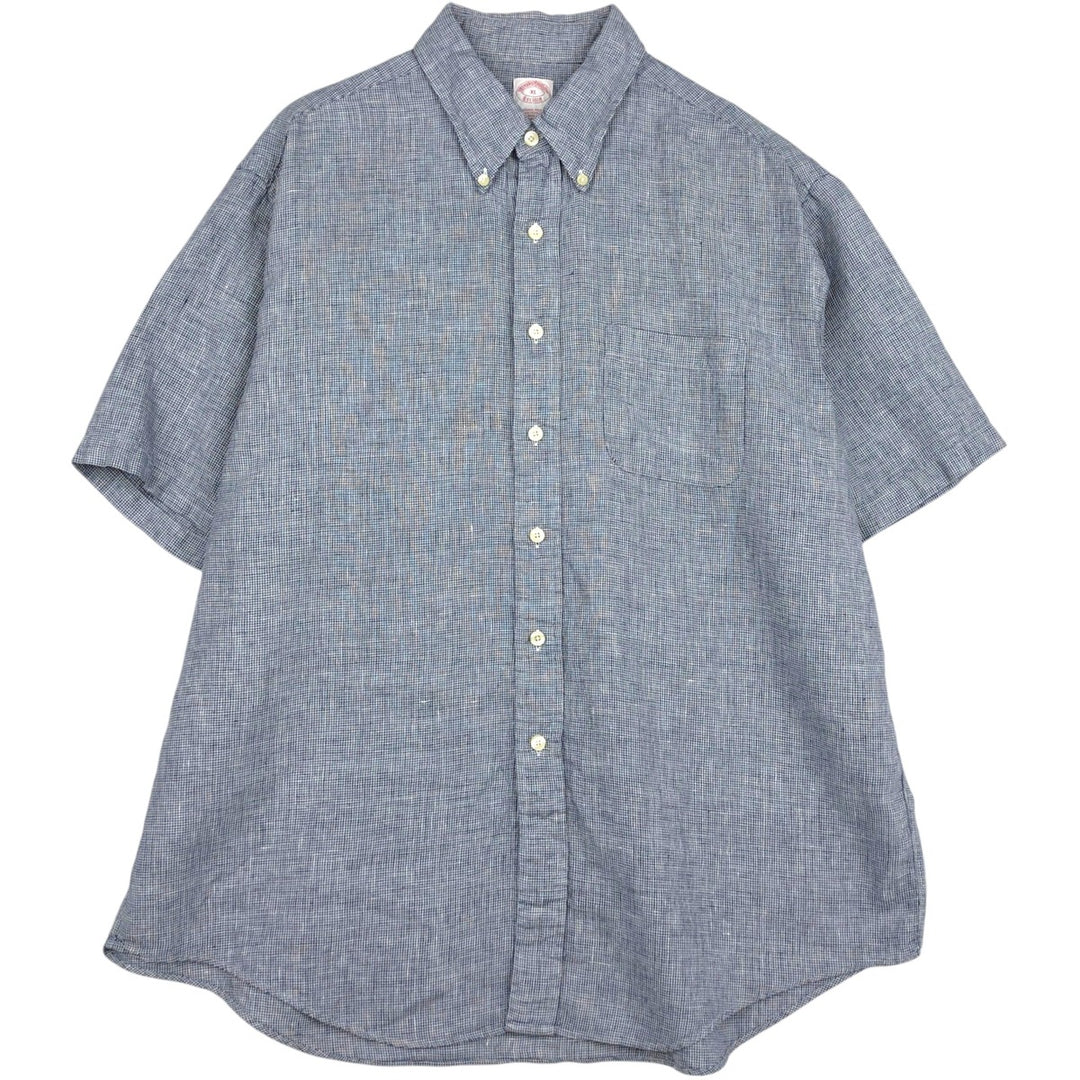Brooks Brothers Est.1818 Check Pattern Houndstooth Pattern Short-Sleeve Linen Button-Down Shirt, Men's Size XL (approx.) linen Navy blue Vintage Second Hand