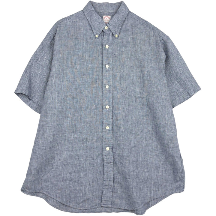 Brooks Brothers Est.1818 Check Pattern Houndstooth Pattern Short-Sleeve Linen Button-Down Shirt, Men's Size XL (approx.) linen Navy blue Vintage Second Hand