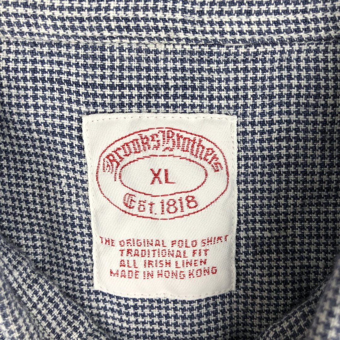 Brooks Brothers Est.1818 Check Pattern Houndstooth Pattern Short-Sleeve Linen Button-Down Shirt, Men's Size XL (approx.) linen Navy blue Vintage Second Hand