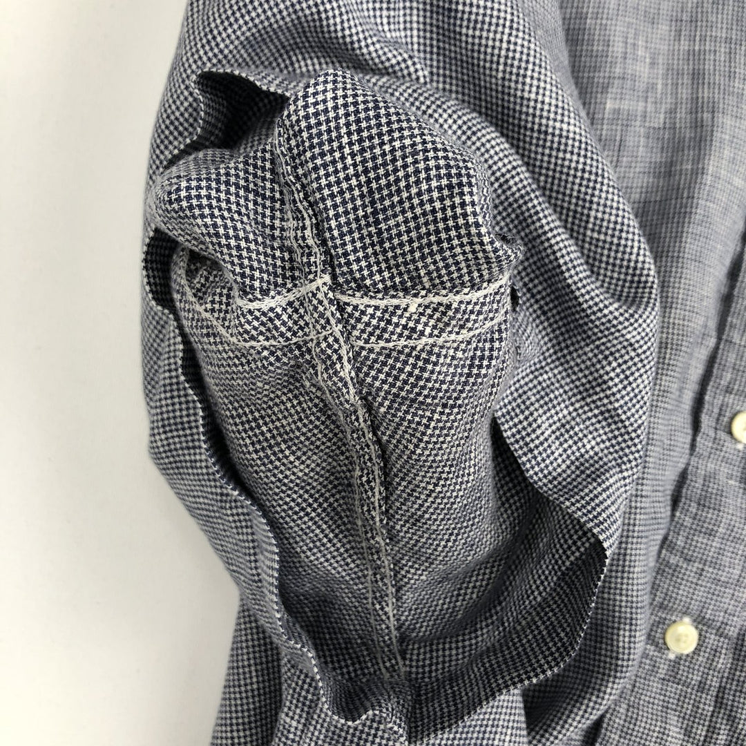 Brooks Brothers Est.1818 Check Pattern Houndstooth Pattern Short-Sleeve Linen Button-Down Shirt, Men's Size XL (approx.) linen Navy blue Vintage Second Hand
