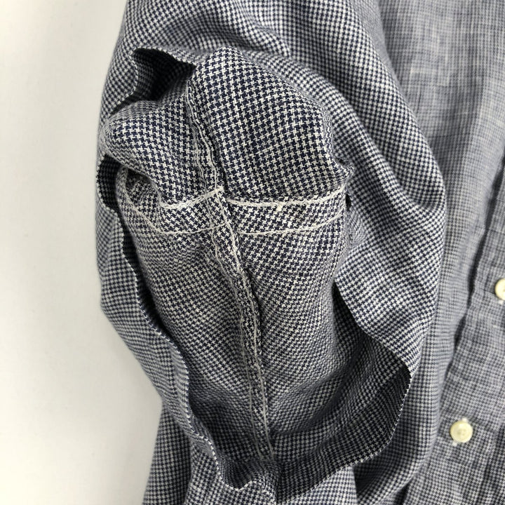 Brooks Brothers Est.1818 Check Pattern Houndstooth Pattern Short-Sleeve Linen Button-Down Shirt, Men's Size XL (approx.) linen Navy blue Vintage Second Hand