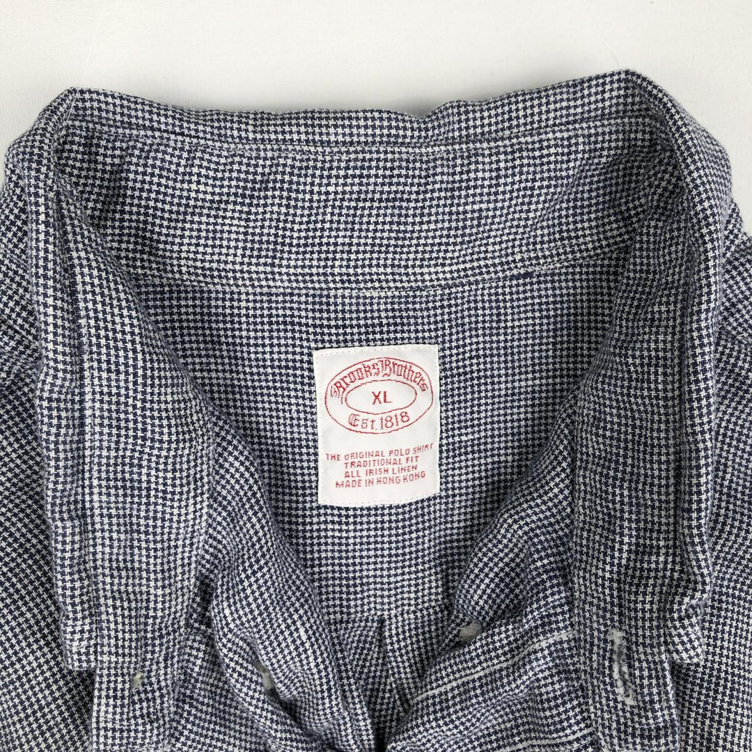 Brooks Brothers Est.1818 Check Pattern Houndstooth Pattern Short-Sleeve Linen Button-Down Shirt, Men's Size XL (approx.) linen Navy blue Vintage Second Hand