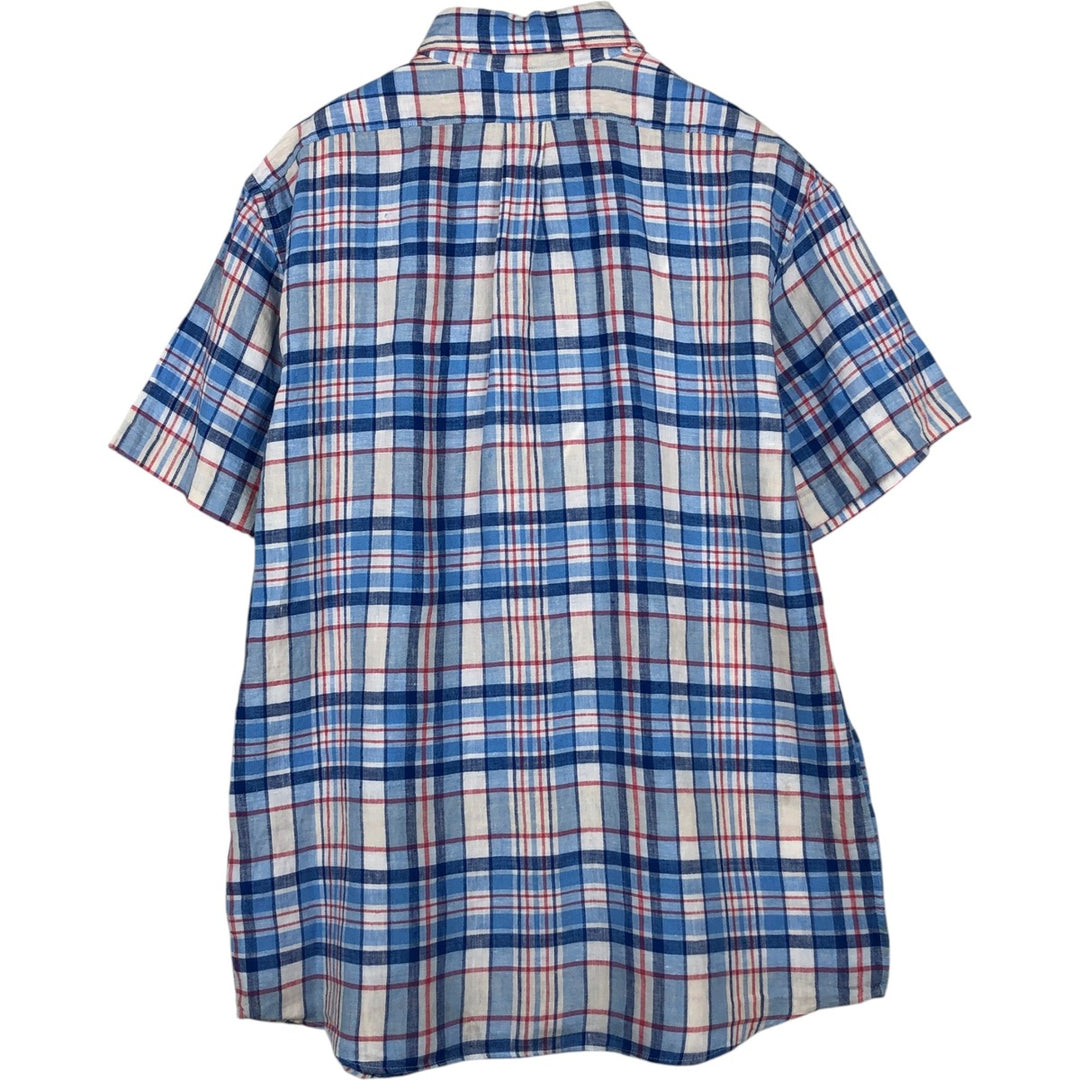 Brooks Brothers 1818 REGENT FIT Check Pattern Short-Sleeve Linen Button-Down Shirt (Men's Size M) linen blue type Vintage Second Hand