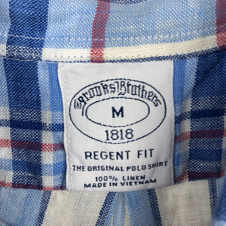 Brooks Brothers 1818 REGENT FIT Check Pattern Short-Sleeve Linen Button-Down Shirt (Men's Size M) linen blue type Vintage Second Hand