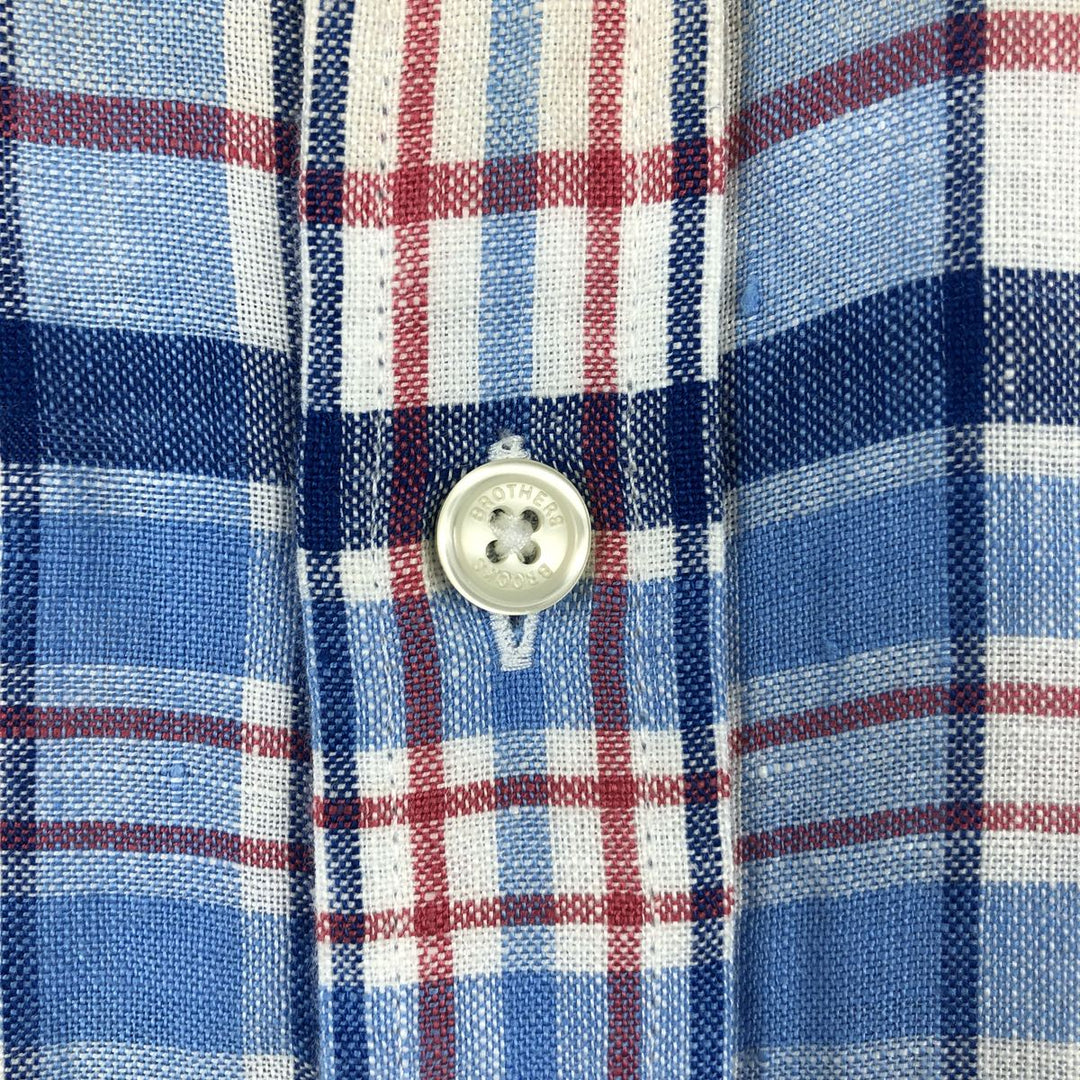 Brooks Brothers 1818 REGENT FIT Check Pattern Short-Sleeve Linen Button-Down Shirt (Men's Size M) linen blue type Vintage Second Hand