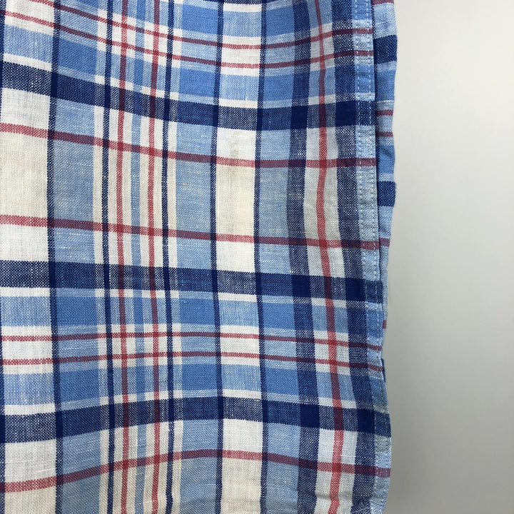 Brooks Brothers 1818 REGENT FIT Check Pattern Short-Sleeve Linen Button-Down Shirt (Men's Size M) linen blue type Vintage Second Hand