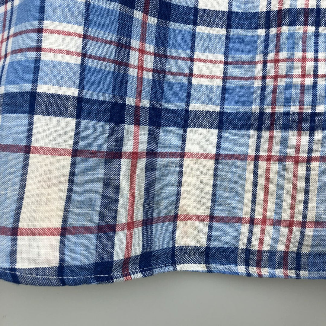 Brooks Brothers 1818 REGENT FIT Check Pattern Short-Sleeve Linen Button-Down Shirt (Men's Size M) linen blue type Vintage Second Hand