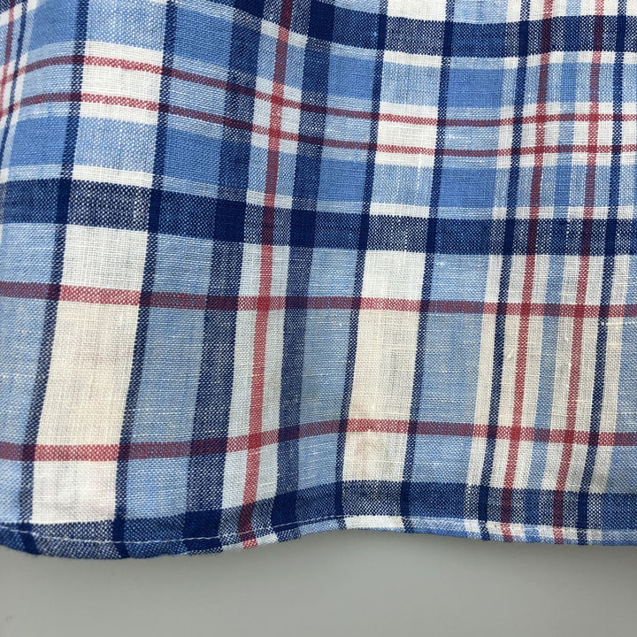 Brooks Brothers 1818 REGENT FIT Check Pattern Short-Sleeve Linen Button-Down Shirt (Men's Size M) linen blue type Vintage Second Hand