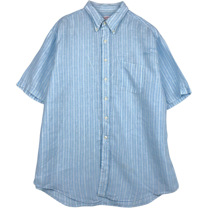 Brooks Brothers 346 Stripe Pattern Multi-Stripe Short-Sleeve Linen Button-Down Shirt, Men's Size XL (approx.) linen Blue type light blue Vintage Second Hand