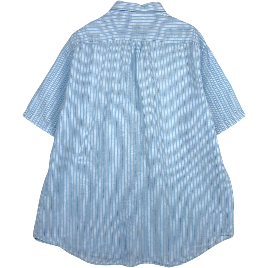 Brooks Brothers 346 Stripe Pattern Multi-Stripe Short-Sleeve Linen Button-Down Shirt, Men's Size XL (approx.) linen Blue type light blue Vintage Second Hand