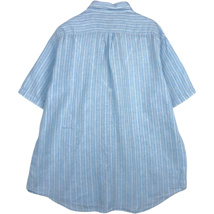 Brooks Brothers 346 Stripe Pattern Multi-Stripe Short-Sleeve Linen Button-Down Shirt, Men's Size XL (approx.) linen Blue type light blue Vintage Second Hand