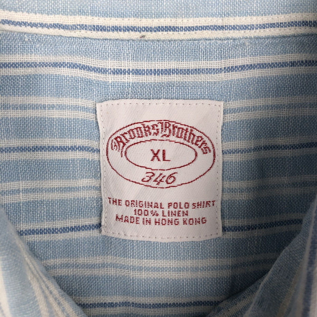 Brooks Brothers 346 Stripe Pattern Multi-Stripe Short-Sleeve Linen Button-Down Shirt, Men's Size XL (approx.) linen Blue type light blue Vintage Second Hand