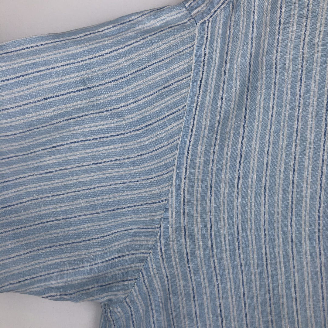 Brooks Brothers 346 Stripe Pattern Multi-Stripe Short-Sleeve Linen Button-Down Shirt, Men's Size XL (approx.) linen Blue type light blue Vintage Second Hand