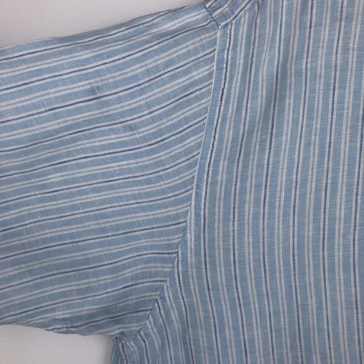 Brooks Brothers 346 Stripe Pattern Multi-Stripe Short-Sleeve Linen Button-Down Shirt, Men's Size XL (approx.) linen Blue type light blue Vintage Second Hand
