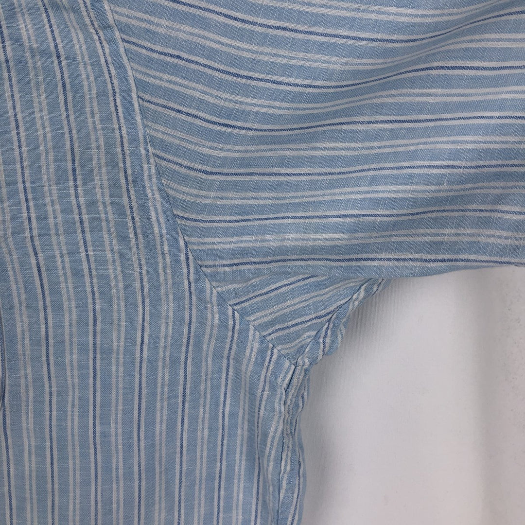 Brooks Brothers 346 Stripe Pattern Multi-Stripe Short-Sleeve Linen Button-Down Shirt, Men's Size XL (approx.) linen Blue type light blue Vintage Second Hand