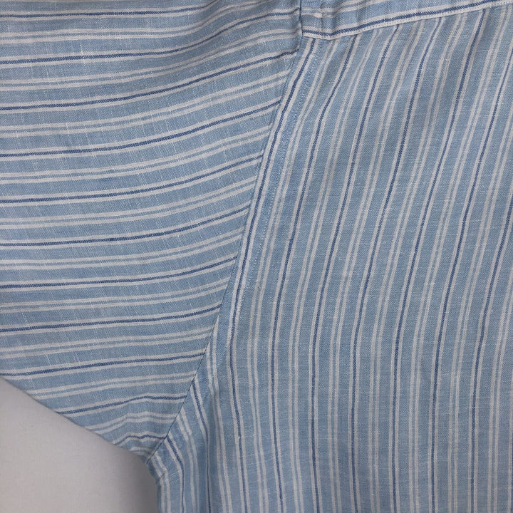 Brooks Brothers 346 Stripe Pattern Multi-Stripe Short-Sleeve Linen Button-Down Shirt, Men's Size XL (approx.) linen Blue type light blue Vintage Second Hand