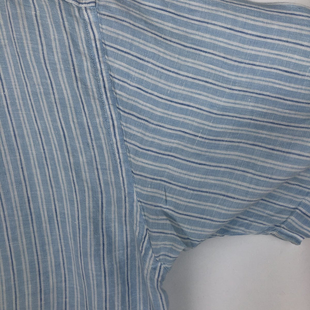 Brooks Brothers 346 Stripe Pattern Multi-Stripe Short-Sleeve Linen Button-Down Shirt, Men's Size XL (approx.) linen Blue type light blue Vintage Second Hand