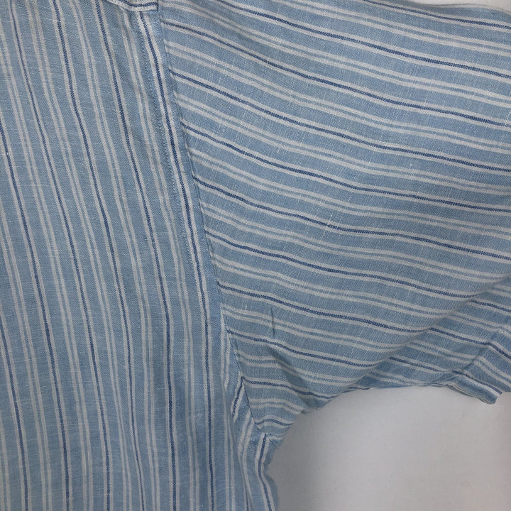 Brooks Brothers 346 Stripe Pattern Multi-Stripe Short-Sleeve Linen Button-Down Shirt, Men's Size XL (approx.) linen Blue type light blue Vintage Second Hand