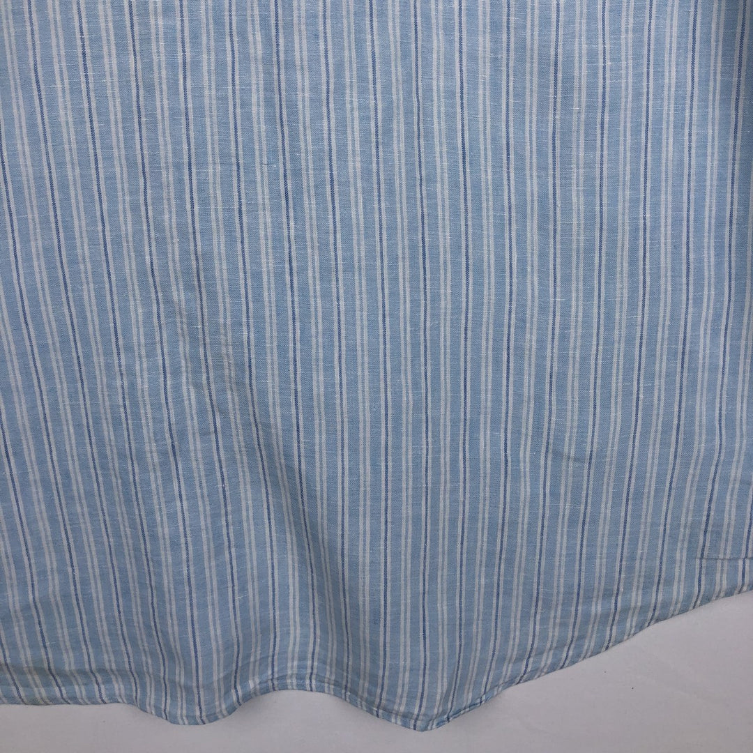 Brooks Brothers 346 Stripe Pattern Multi-Stripe Short-Sleeve Linen Button-Down Shirt, Men's Size XL (approx.) linen Blue type light blue Vintage Second Hand