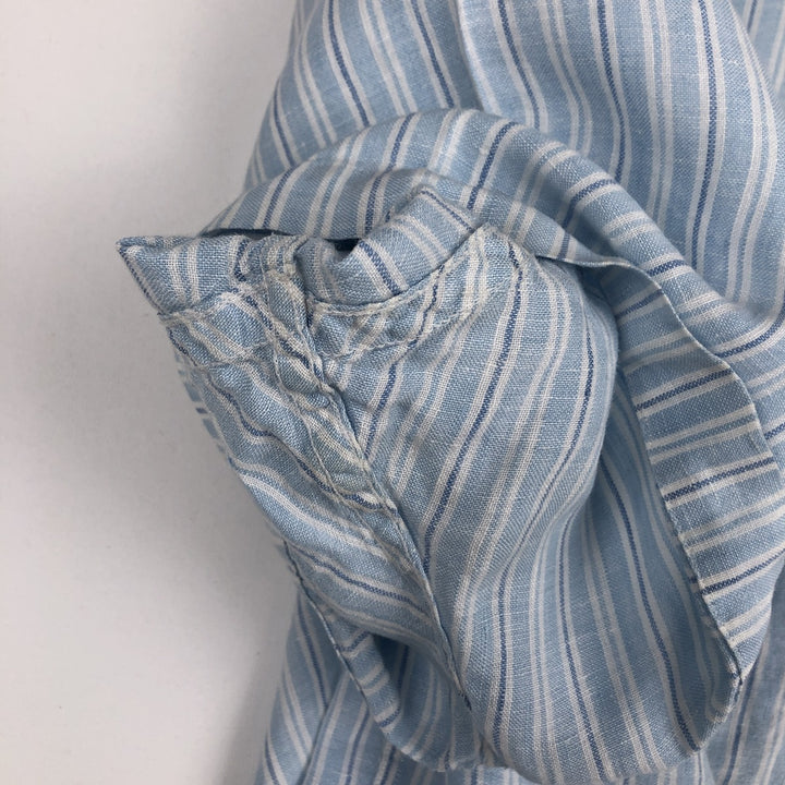 Brooks Brothers 346 Stripe Pattern Multi-Stripe Short-Sleeve Linen Button-Down Shirt, Men's Size XL (approx.) linen Blue type light blue Vintage Second Hand