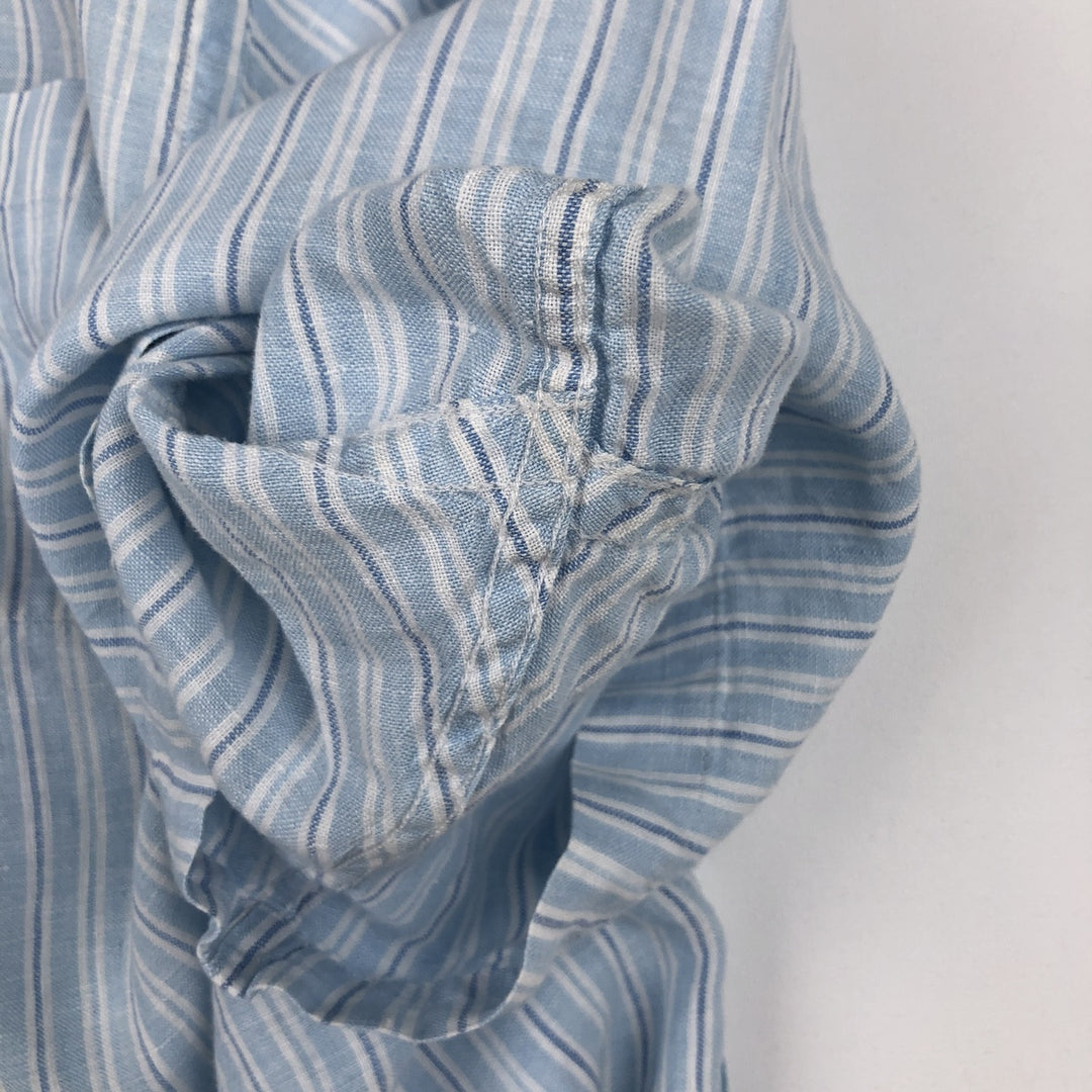 Brooks Brothers 346 Stripe Pattern Multi-Stripe Short-Sleeve Linen Button-Down Shirt, Men's Size XL (approx.) linen Blue type light blue Vintage Second Hand
