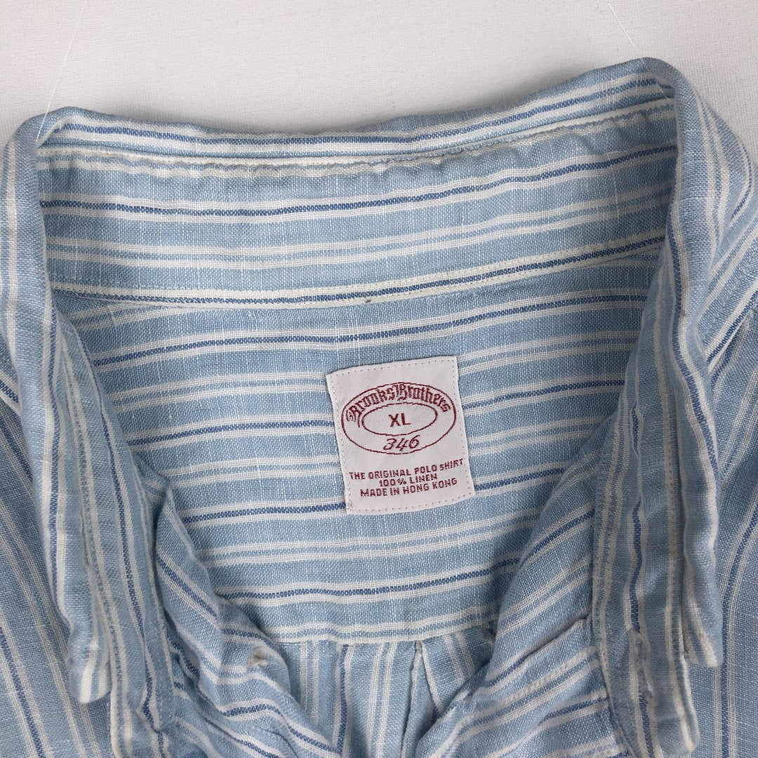 Brooks Brothers 346 Stripe Pattern Multi-Stripe Short-Sleeve Linen Button-Down Shirt, Men's Size XL (approx.) linen Blue type light blue Vintage Second Hand