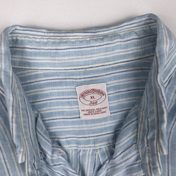 Brooks Brothers 346 Stripe Pattern Multi-Stripe Short-Sleeve Linen Button-Down Shirt, Men's Size XL (approx.) linen Blue type light blue Vintage Second Hand