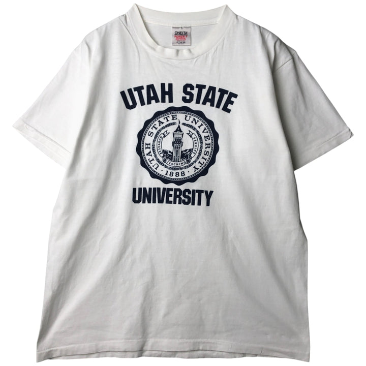 90'S ONEITA POWER-T College T-Shirt, Made in USA, Men's XL equivalent, Vintage cotton white type Vintage Second Hand