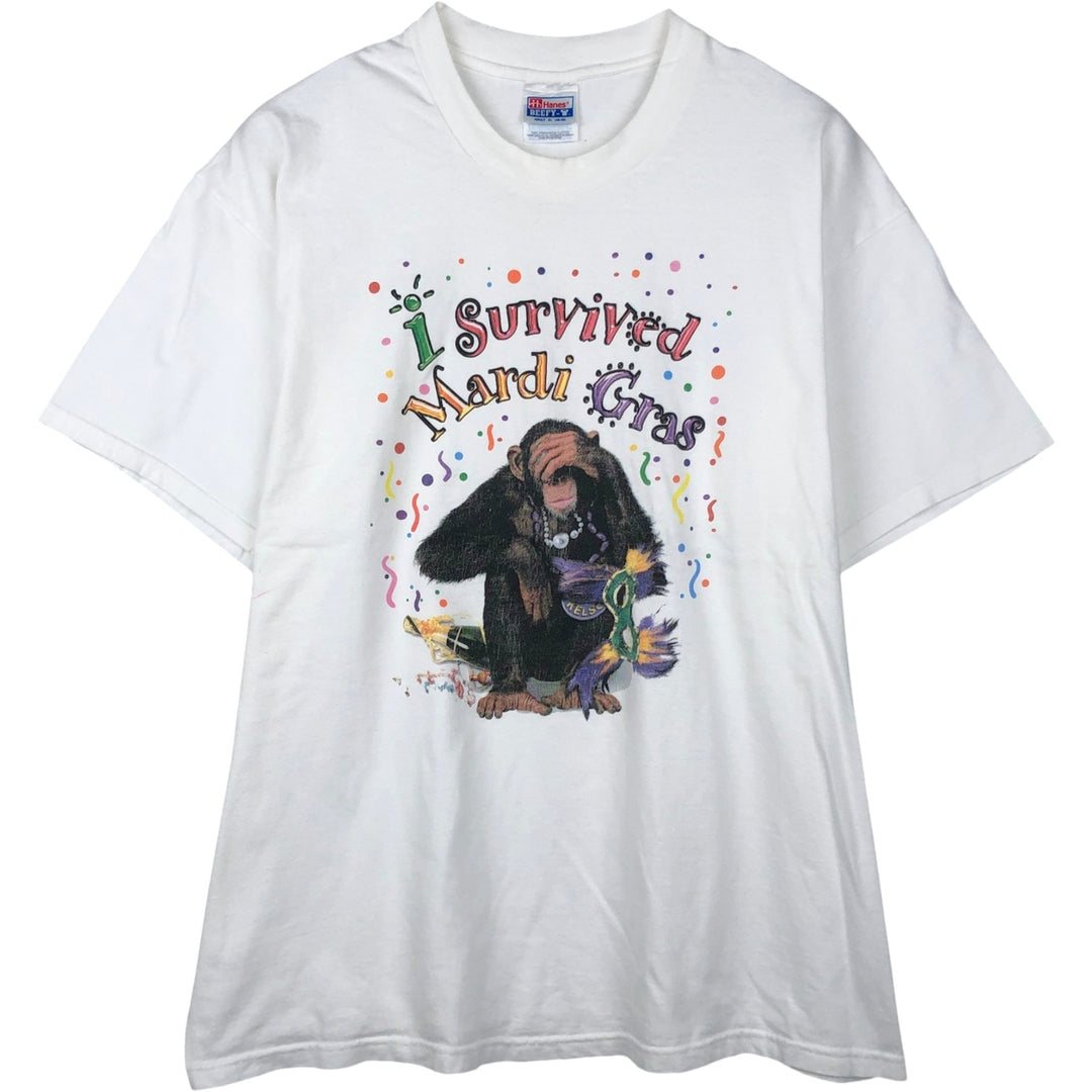90'S Hanes BEEFY-T Chimpanzee Pattern Animal T-Shirt, Made in USA, Men's XL equivalent, Vintage cotton white type Vintage Second Hand