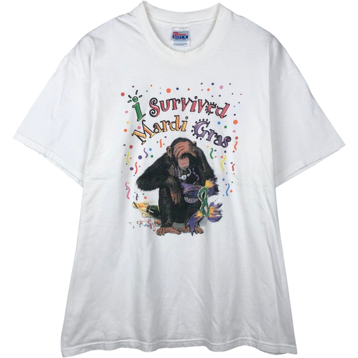 90'S Hanes BEEFY-T Chimpanzee Pattern Animal T-Shirt, Made in USA, Men's XL equivalent, Vintage cotton white type Vintage Second Hand