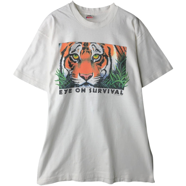 Fruit of the Loom Tiger Pattern Animal T-Shirt, Made in USA, Men's Size L (approx.) cotton white type Vintage Second Hand