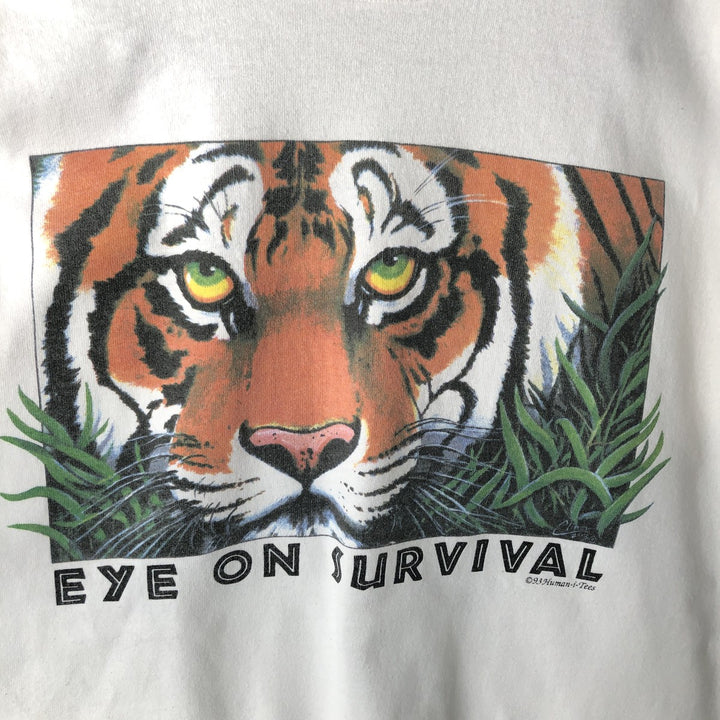 Fruit of the Loom Tiger Pattern Animal T-Shirt, Made in USA, Men's Size L (approx.) cotton white type Vintage Second Hand