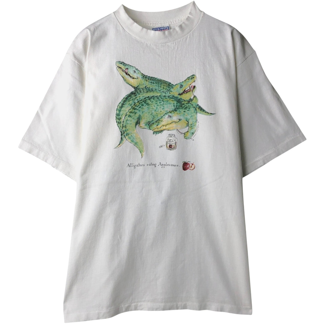 90'S ALL SPORT Crocodile Pattern Animal T-Shirt, Made in USA, Men's Size L (Equivalent), Vintage cotton white type Vintage Second Hand