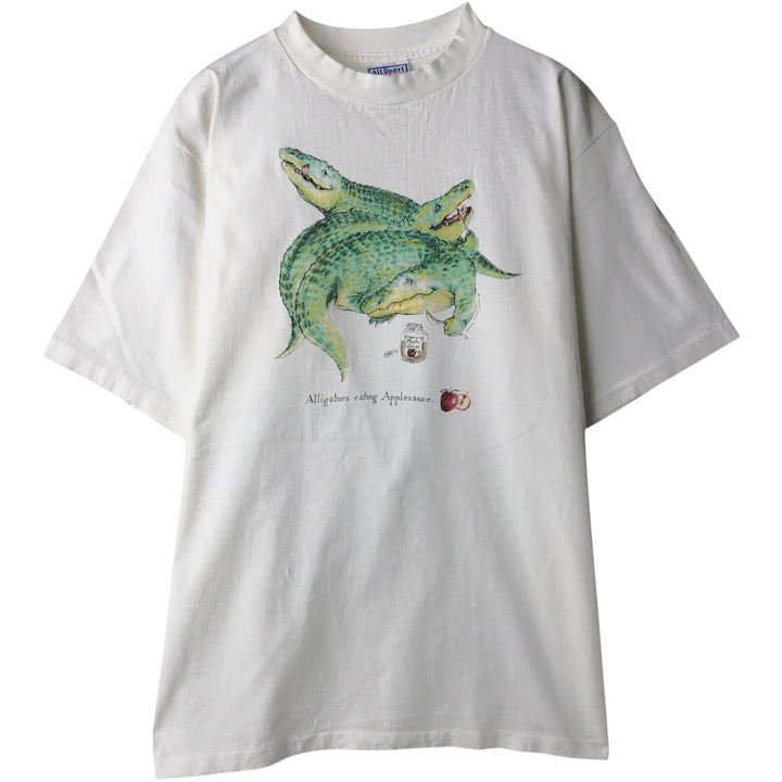 90'S ALL SPORT Crocodile Pattern Animal T-Shirt, Made in USA, Men's Size L (Equivalent), Vintage cotton white type Vintage Second Hand
