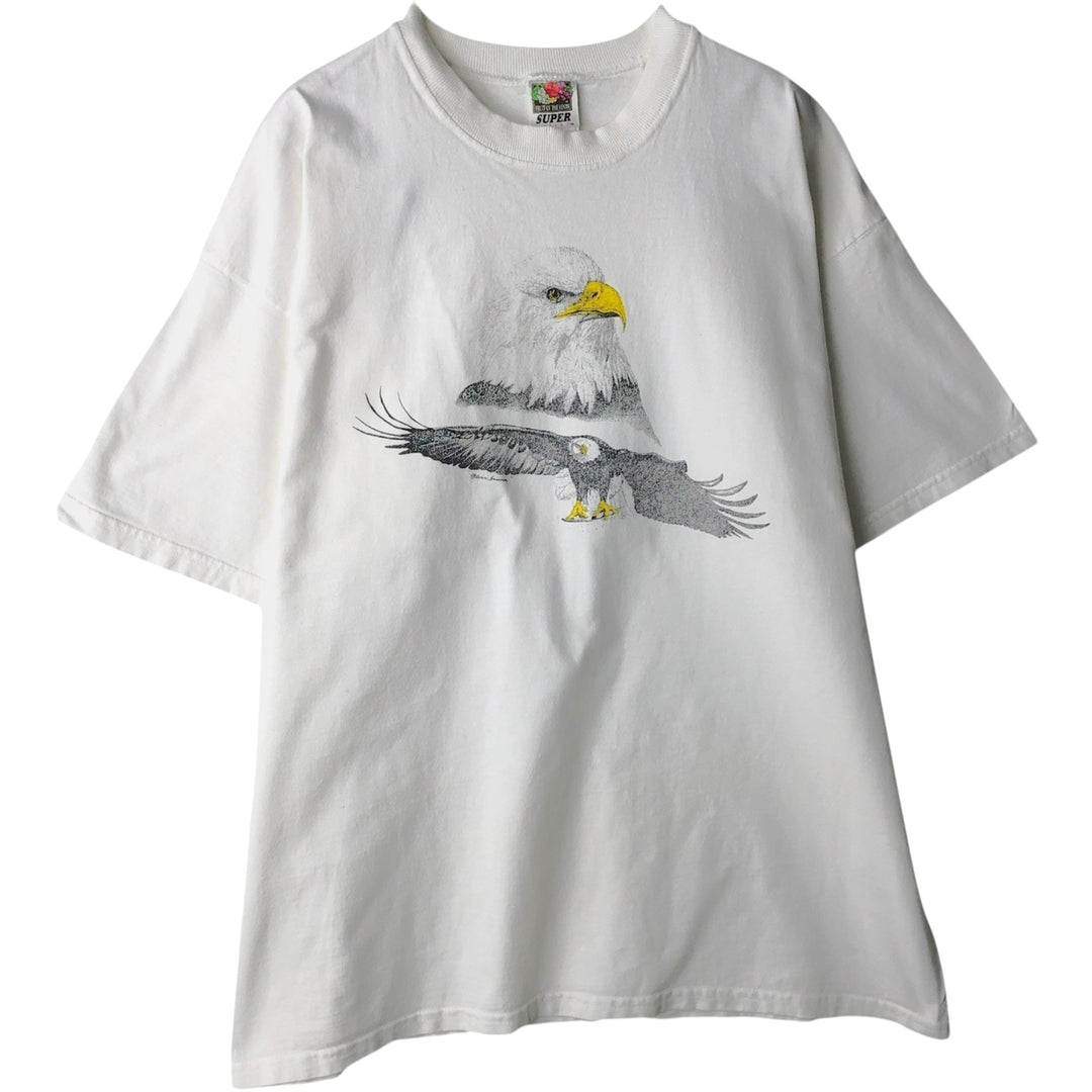 Fruit of the Loom Super Cotton Eagle Pattern Animal T-Shirt, Made in USA, Men's Size XL (approx.) cotton white type Vintage Second Hand