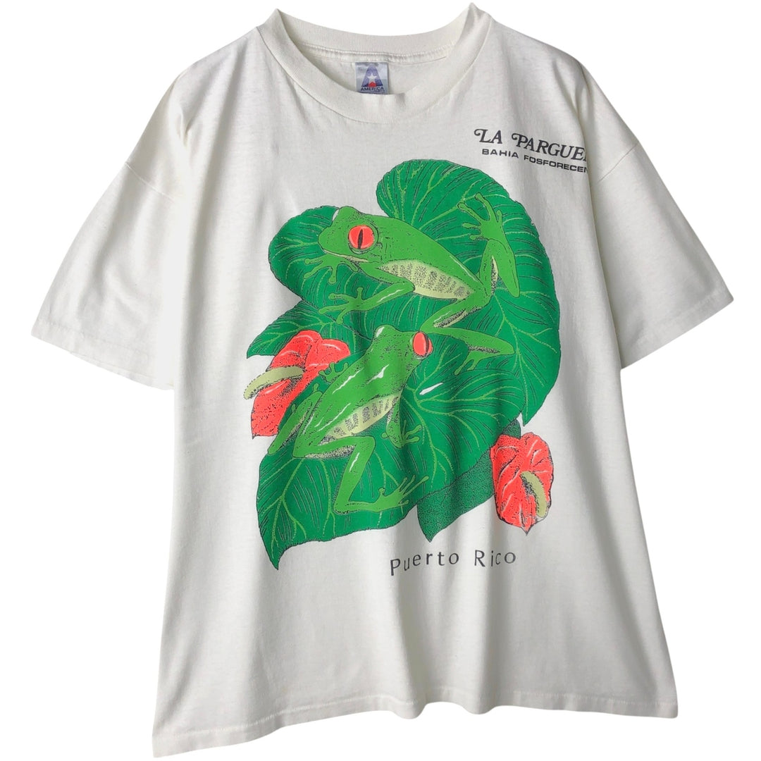 80'S AMERIA Frog Pattern Animal T-Shirt, Made in USA, Men's XL equivalent. cotton white type Vintage Second Hand