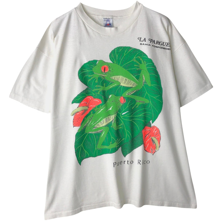 80'S AMERIA Frog Pattern Animal T-Shirt, Made in USA, Men's XL equivalent. cotton white type Vintage Second Hand
