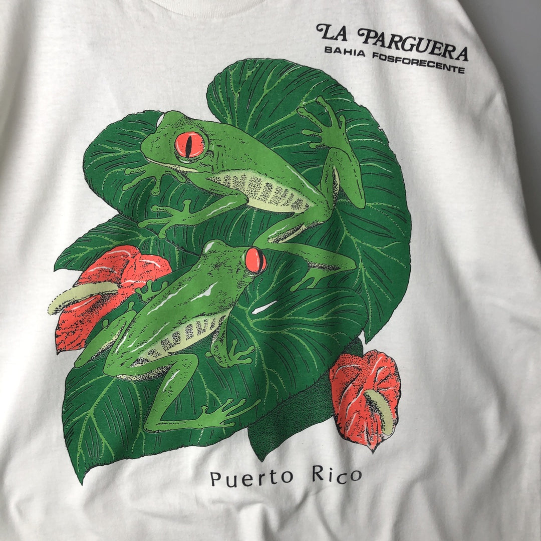 80'S AMERIA Frog Pattern Animal T-Shirt, Made in USA, Men's XL equivalent. cotton white type Vintage Second Hand