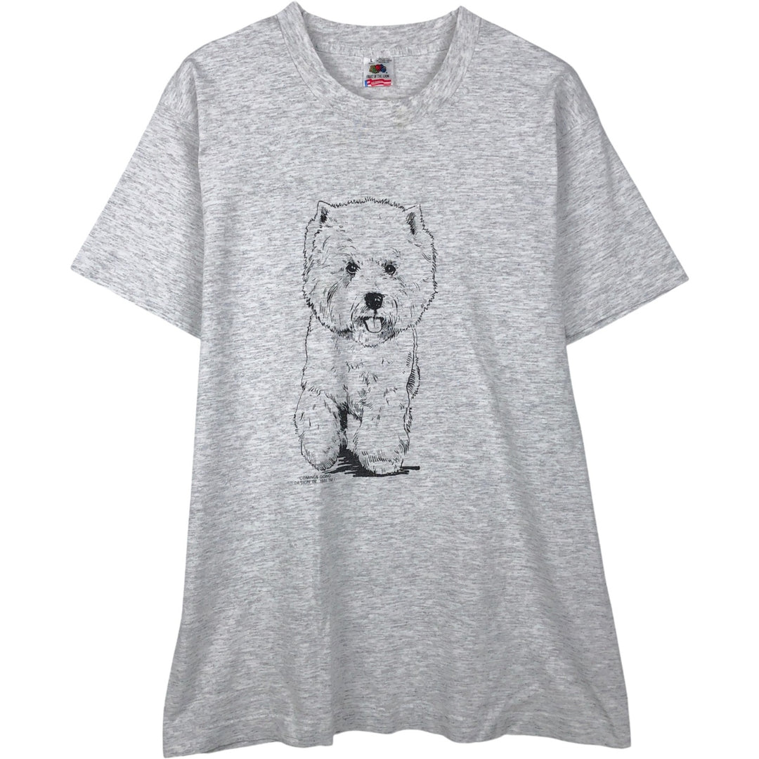 90'S Fruit of the Loom Dog Print Animal T-Shirt, Made in USA, Men's Size L (Equivalent), Vintage cotton gray type Vintage Second Hand