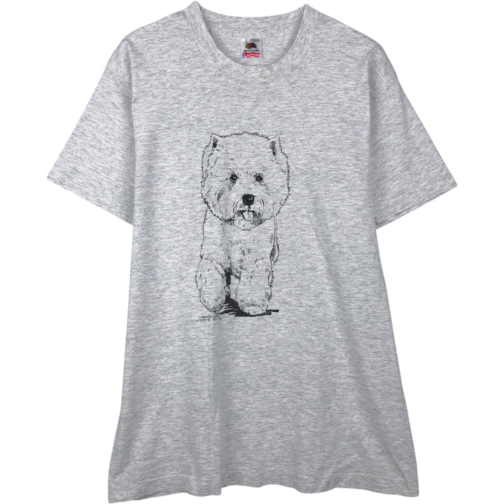 90'S Fruit of the Loom Dog Print Animal T-Shirt, Made in USA, Men's Size L (Equivalent), Vintage cotton gray type Vintage Second Hand
