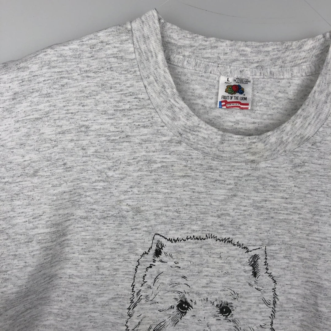 90'S Fruit of the Loom Dog Print Animal T-Shirt, Made in USA, Men's Size L (Equivalent), Vintage cotton gray type Vintage Second Hand