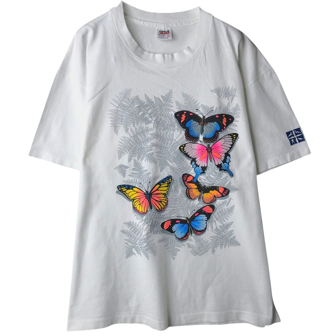 90'S Anvil butterfly print animal t-shirt, made in USA, men's size XL equivalent, vintage. cotton white type Vintage Second Hand